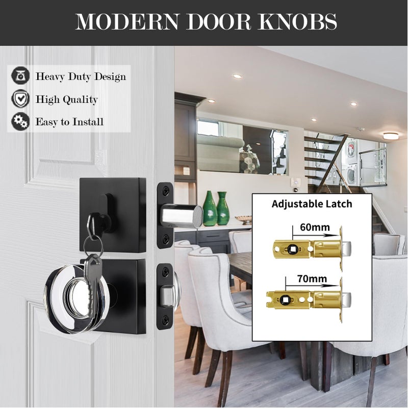 naubea Glass Door Knob with Deadbolt, Matte Black Front Door Handle and Deadbolt Set, Exterior Black Door Knob with Deadbolt Lock, Lockable Deadbolt and Square Crystal Door Knob Set - Image 2